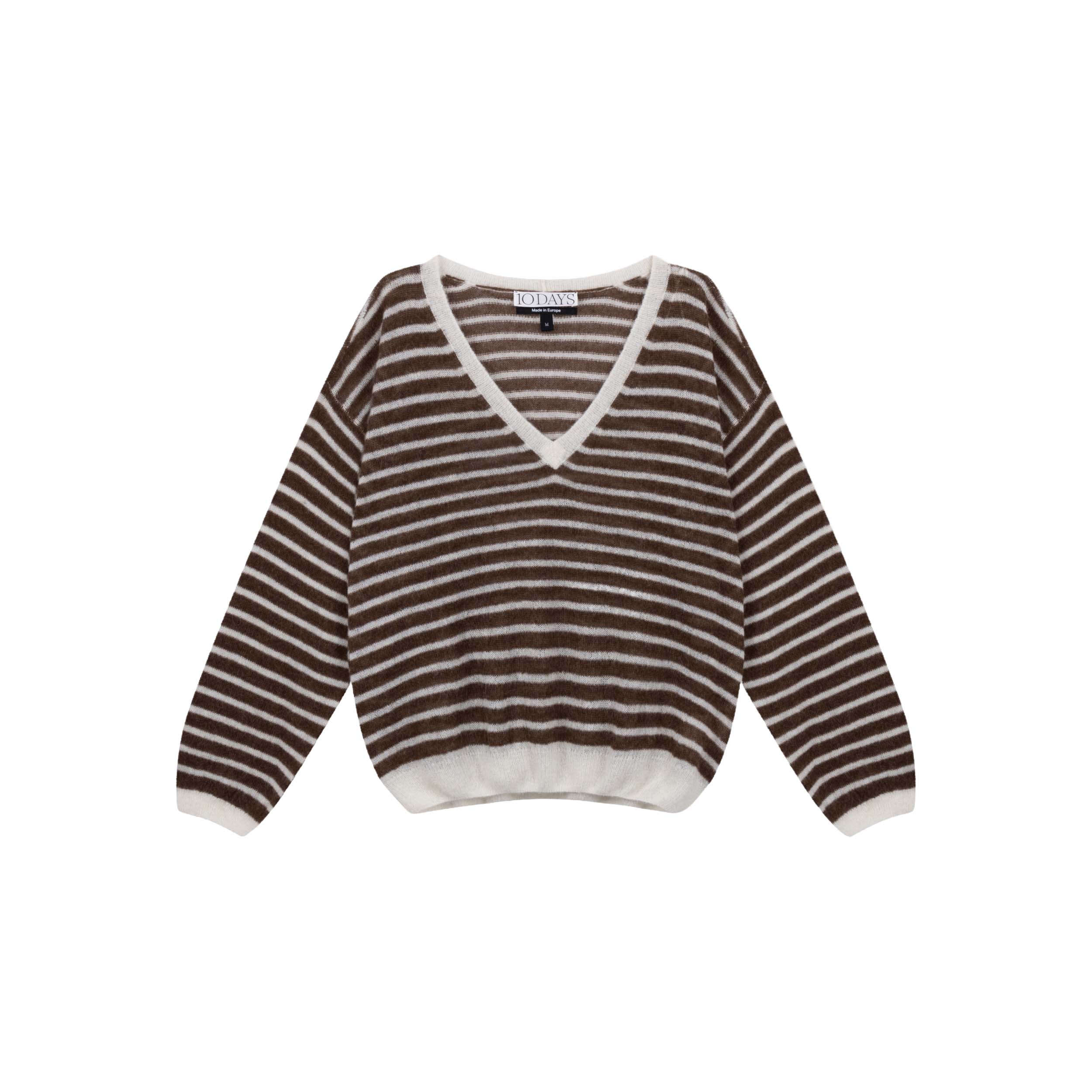 10DAYS 20-612-6201 Trui Thin V-neck Knit Ecru/Dark Truffle