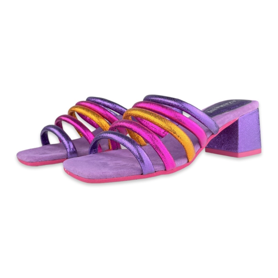 Lazamani Mules Straps Block Heel Purple Multi