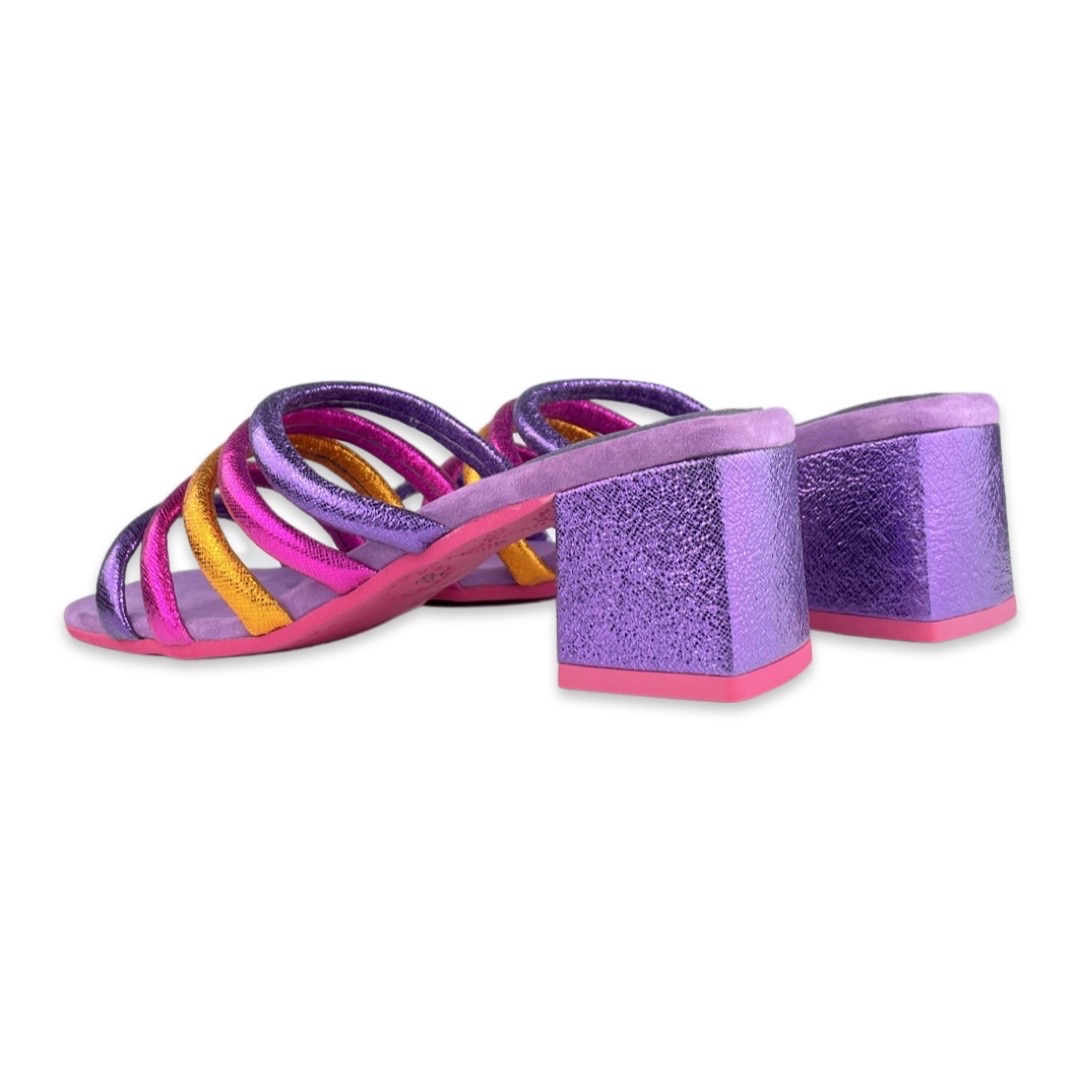 Lazamani Mules Straps Block Heel Purple Multi