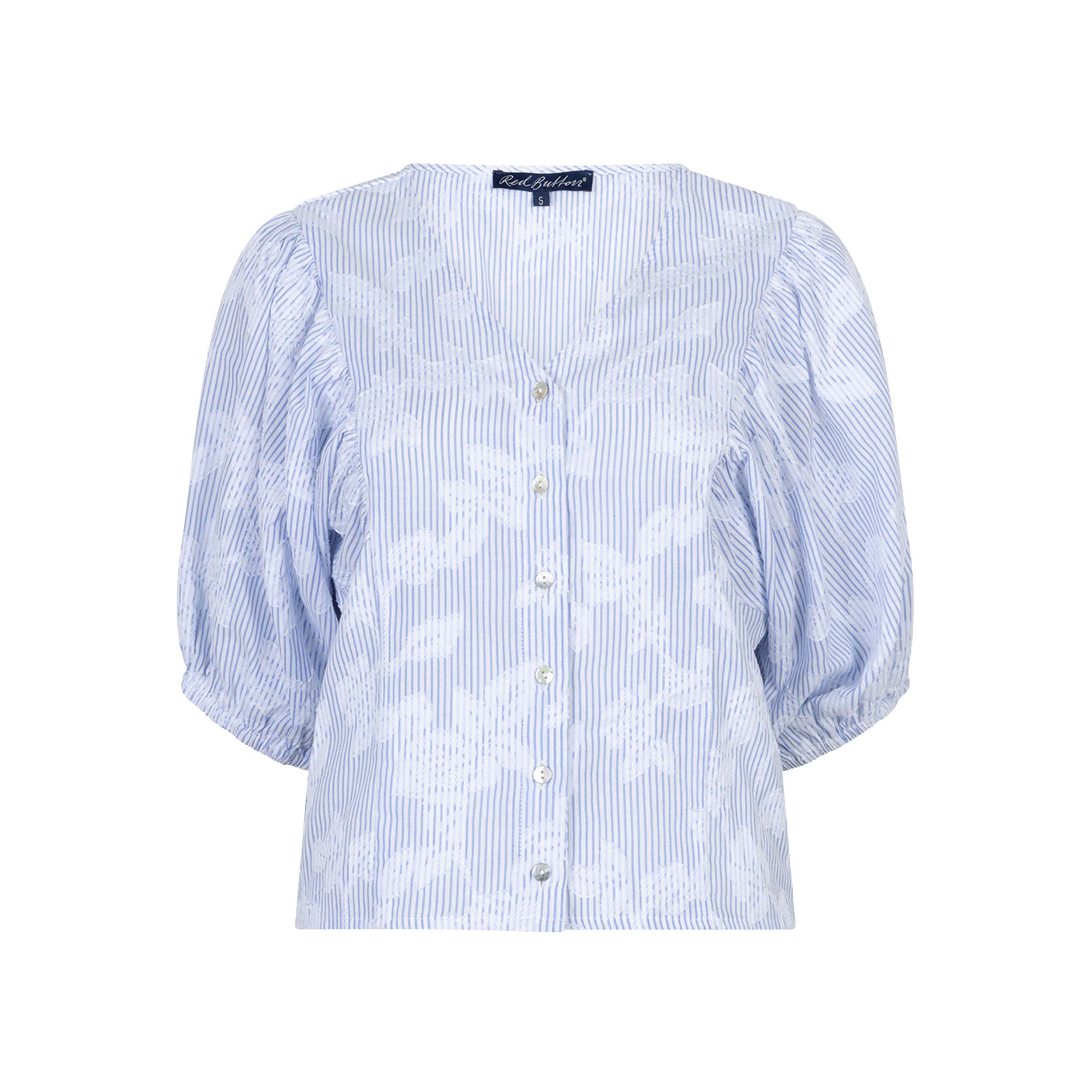 Red Button SRB4838 Blouse Balloon Stripe Flower Blue