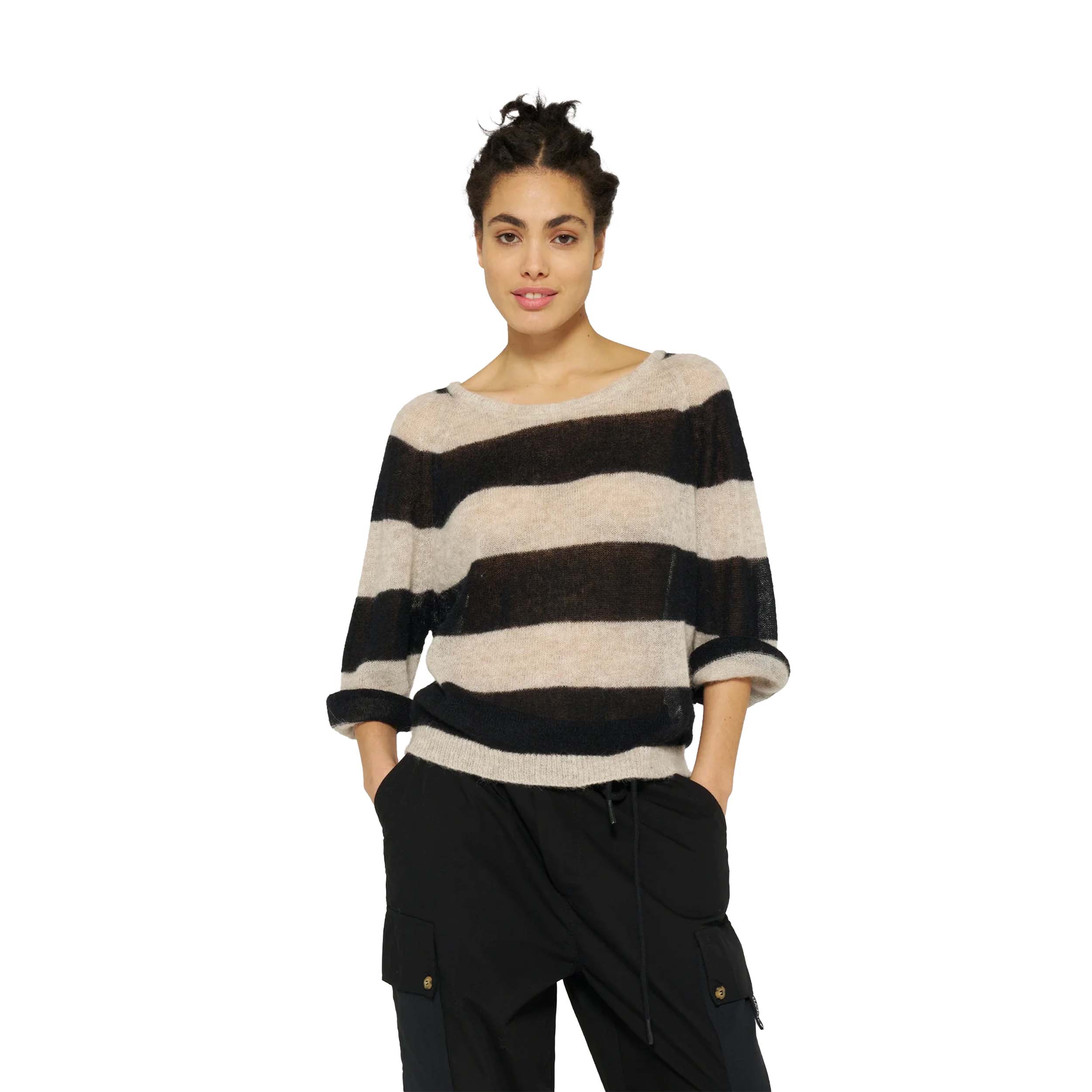 10DAYS 20-606-4202 Sweater Thin Knit Stripes Safari/Black