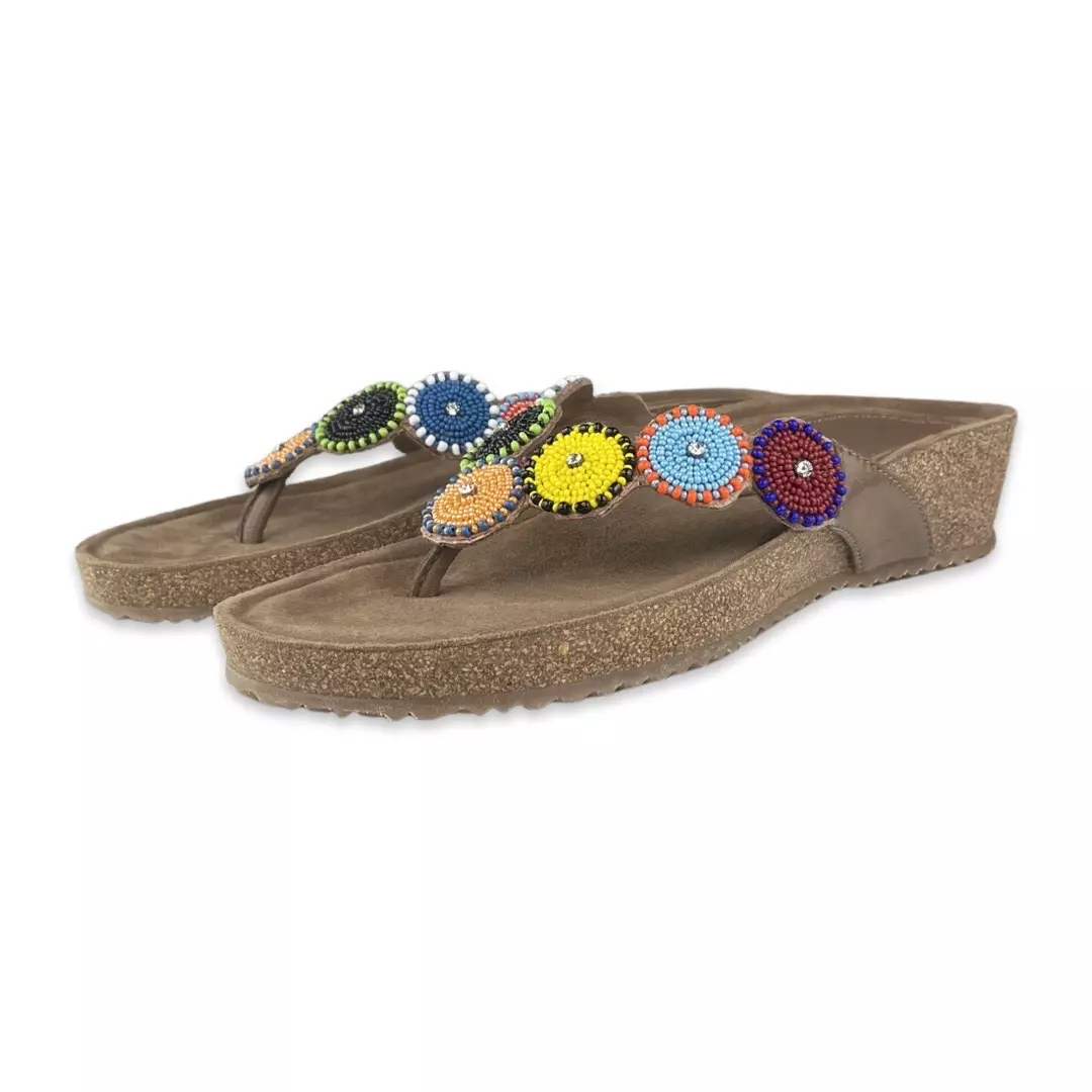 Lazamani Slippers Beads Wedge Taupe Multi